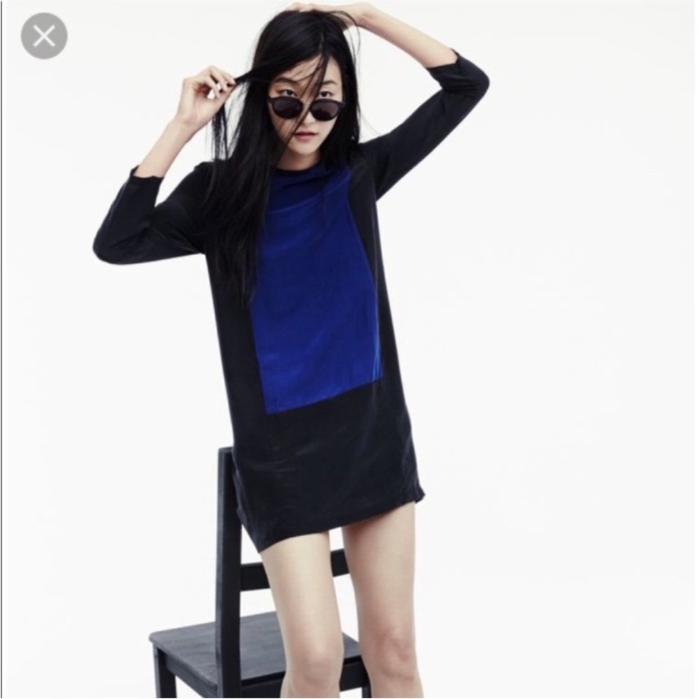 Madewell Mod Black and Blue Long Sleeve Silk Dress